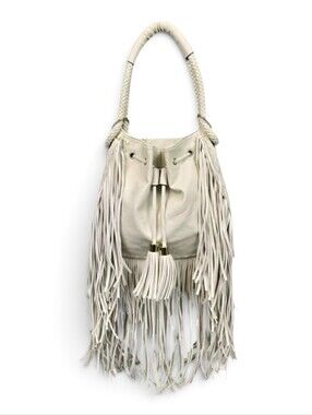 Yoki Bohemian Ivory Faux Leather Fringe Drawstring Bucket Bag NWOT